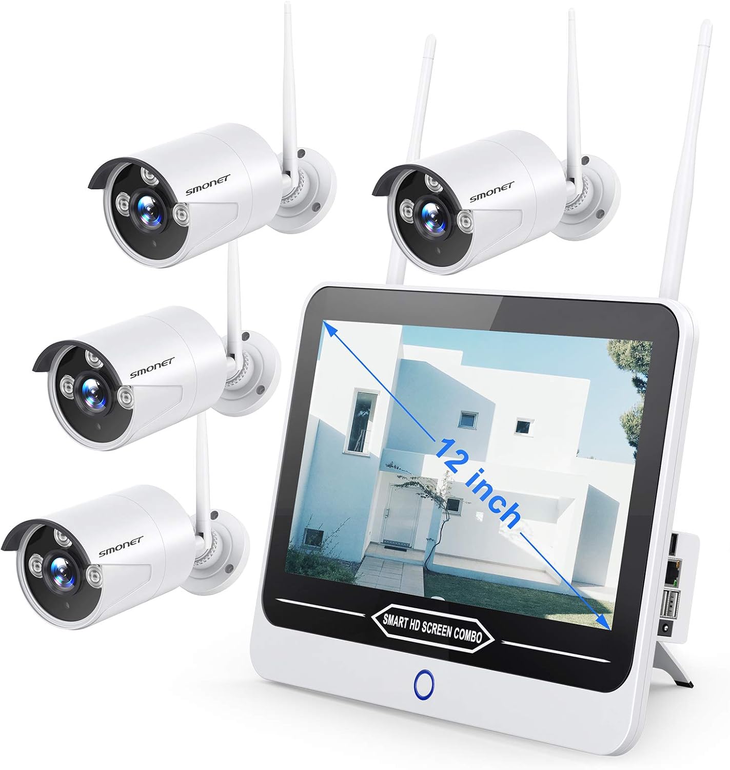 Wireless Security Camera System with 12&rdquo; Monitor ,SMONET 8 Channel Home CCTV Surveillance NVR Systems,4pcs 1080P Indoor Outdoor IP Cameras,Night Vision,NO Hard Drive
