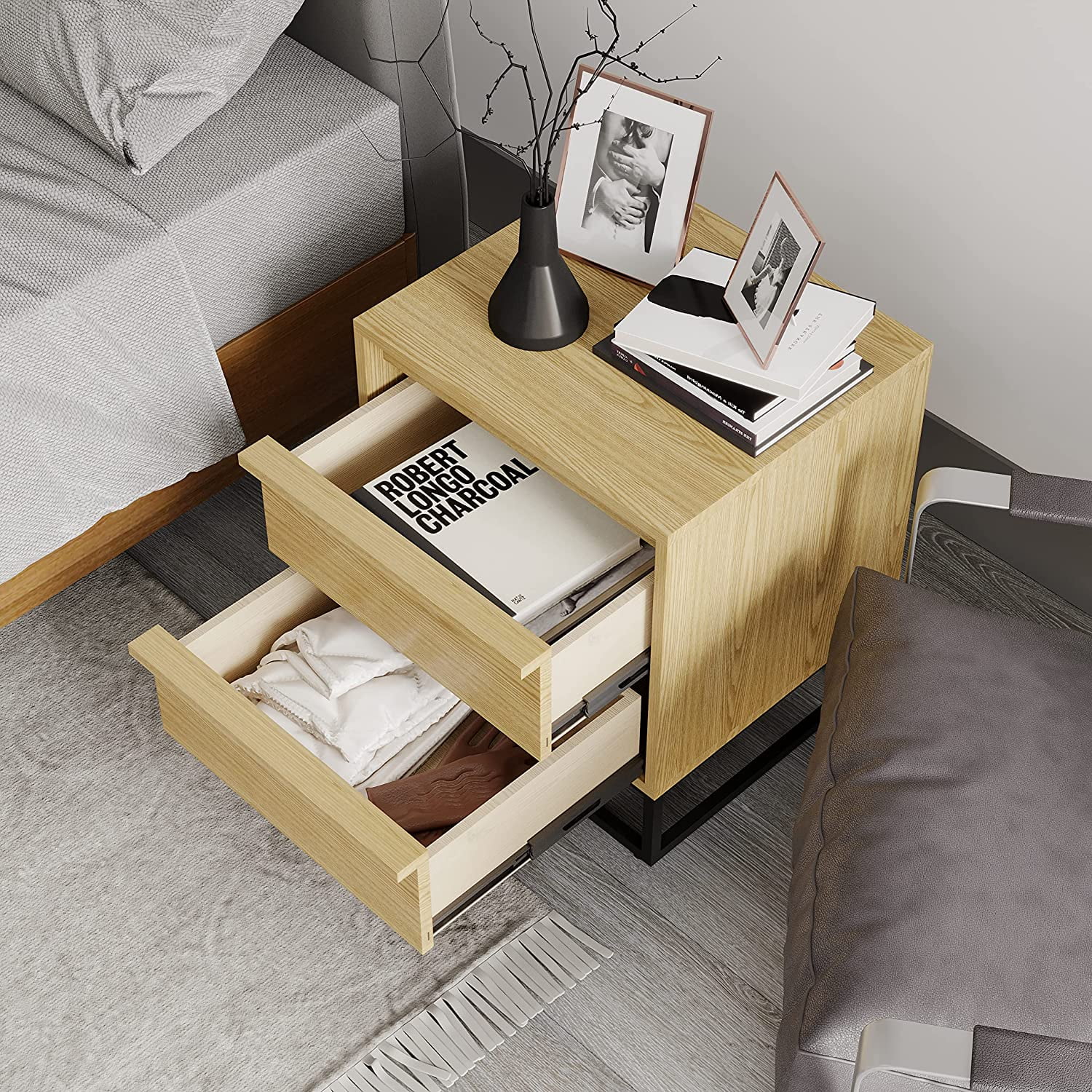 Cyra Natural Oak Nightstand - Fully Assembled Solid Wood Night Stand With Two Drawers, Black Metal Base - Ideal Wooden Nightstand For Bedroom