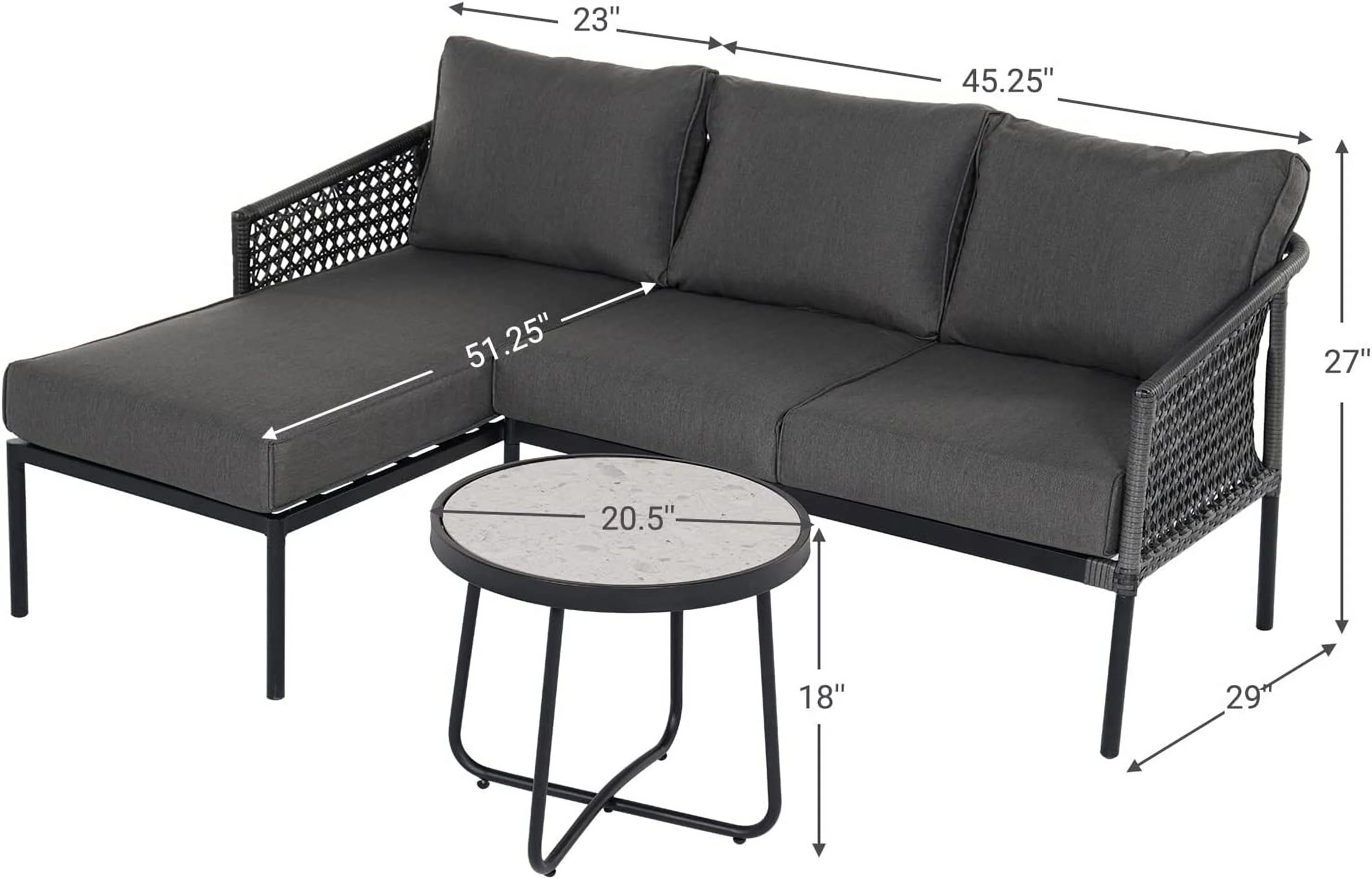 Grand Patio 3-Piece Patio Furniture Small Sectional Sofa Set All-Weather Wicker Conversation Set for Outdoor Garden Backyard with Cushions, Side Table, Gray