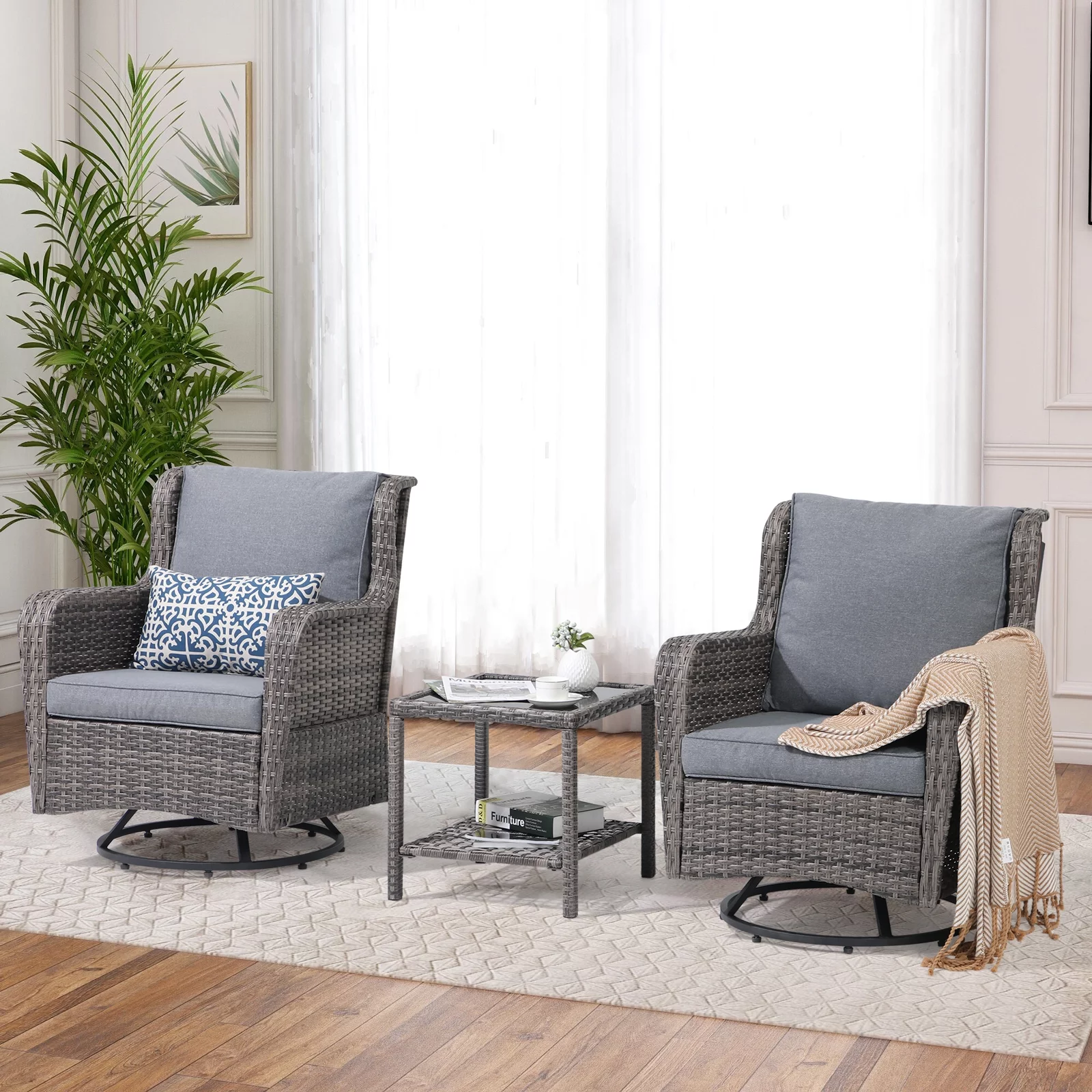 JOIVI Patio Swivel Rocker Set, Outdoor Wicker Swivel Rocking Chairs with Side Table, 3 Pieces All-weather Rattan Furniture Bistro Set with Thick Cushions, Iron Frame, Gray