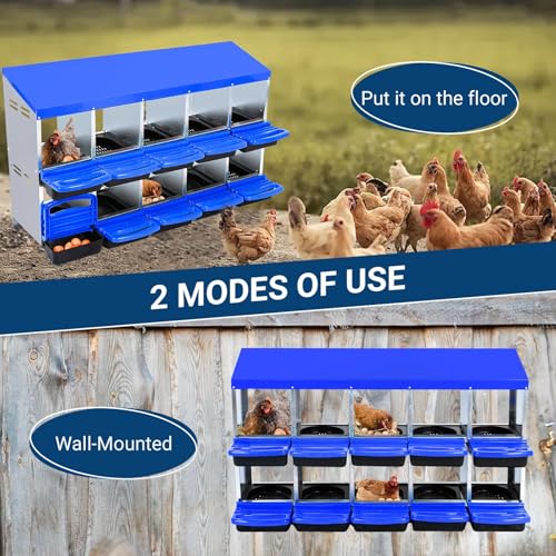 Chicken Nesting Box, 10 Hole 2 Layer Hen Nest Box with Legs, Roll Away Eggs Laying Boxes,Cleanable Pull Out Hen Roosting Boxes