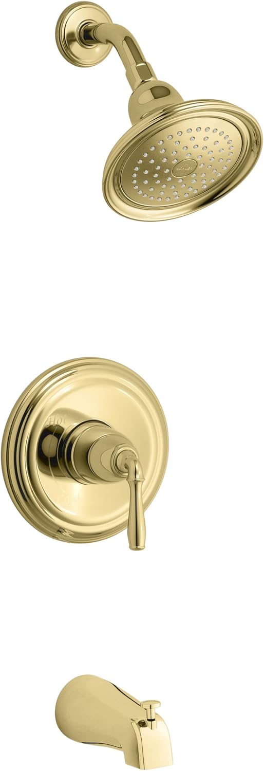 KOHLER TS395-4-PB, Polished Brass Devonshire Rite-Temp bath and shower valve trim with lever handle, NPT spout and 2.5 gpm showerhead