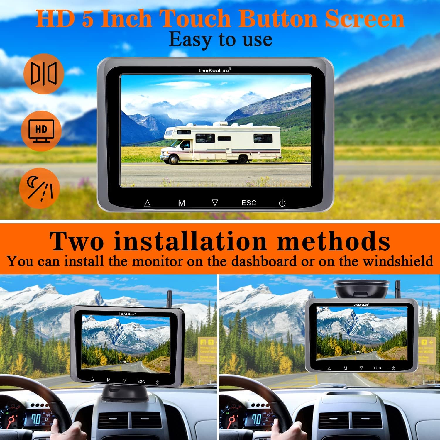 Wireless Backup Camera HD 1080P 5 Inch Monitor Touch Key Screen WiFi Rear View System for Car,Truck,Camper,Van Two&nbsp;Channels LeeKooLuu LK10