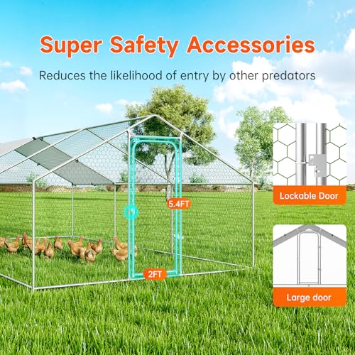 Large Metal Chicken Coop, Chicken Run Poultry Cage Hen with Water-Resident and Anti-UV Cover for Duck Rabbit House Outdoor Walk-in Chicken Pen for Yard, Dome Roof(10’ W x 19.7’ L x 6.4’ H)