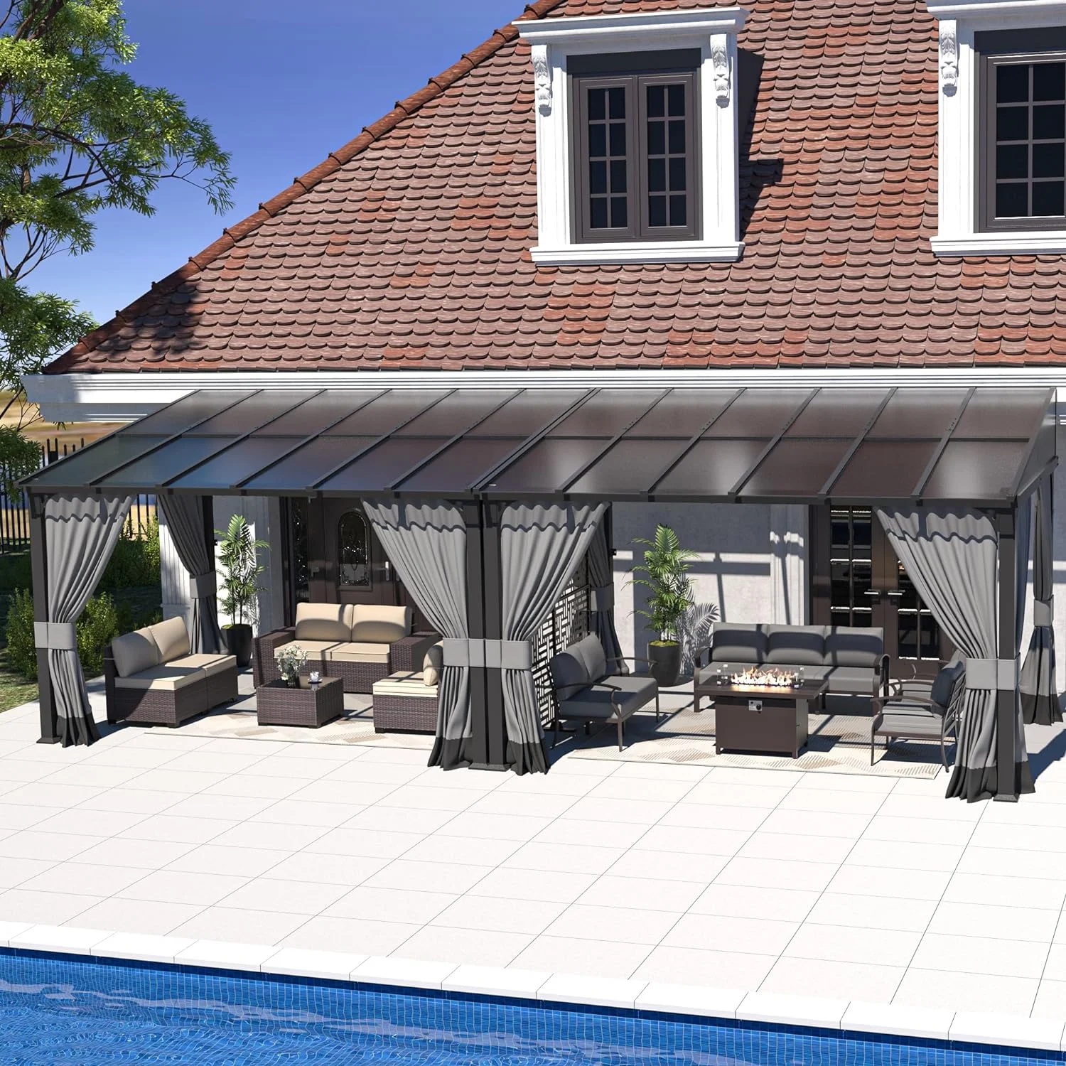 Outdoor Lean to Gazebo 10x24FT, Hardtop Wall Mounted Gazebo with Sloping Sun Panel Roof, Awnings for Patio with Metal Frame, Double Curtains for Garden, Lawn, Backyard Deck, Grey