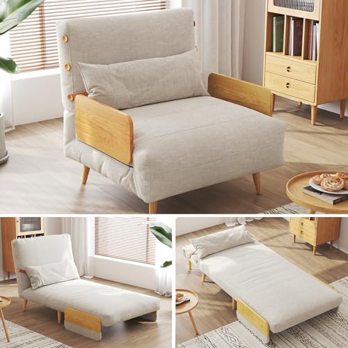 3-in-1 Convertible Chair Bed Sleeper for Adults, Linen Convertable Sleeper Chair with Wooden Arms & Pillows, Foldable Single Futon Sofa Bed (Mid Century with Walnut Arm, 36.6" Wide)
