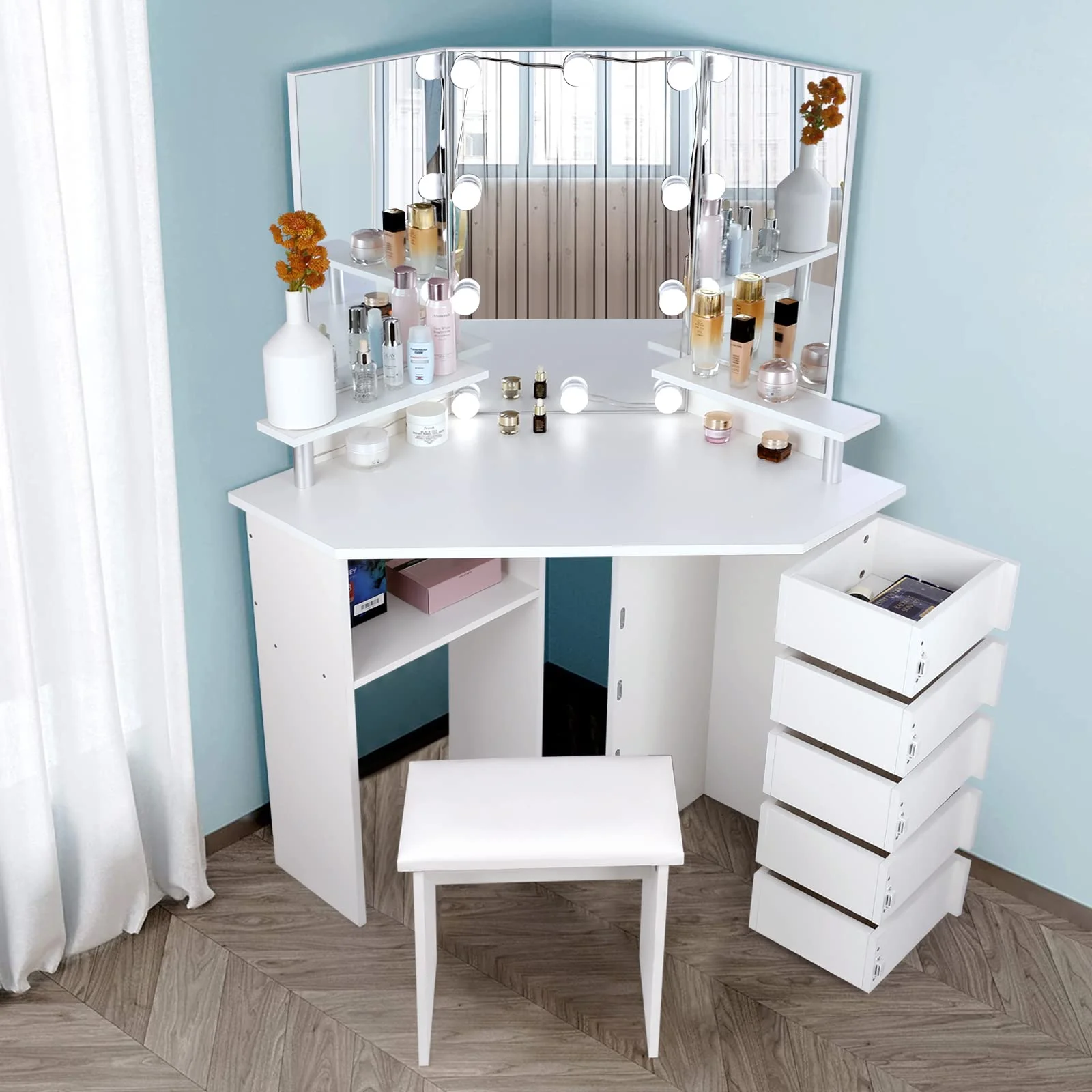 Corner Vanity Table Stool Lights Set for Modern Bedroom
