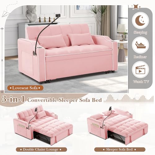 Convertible Sleeper Sofa Bed, 3 in 1 Velvet Pull Out Loveseat Couch Modern Comfy Futon Sofa with Adjustable Backrest & Phone Holder & USB Charging Space Saving for Living Room, Small Apartment, Grey