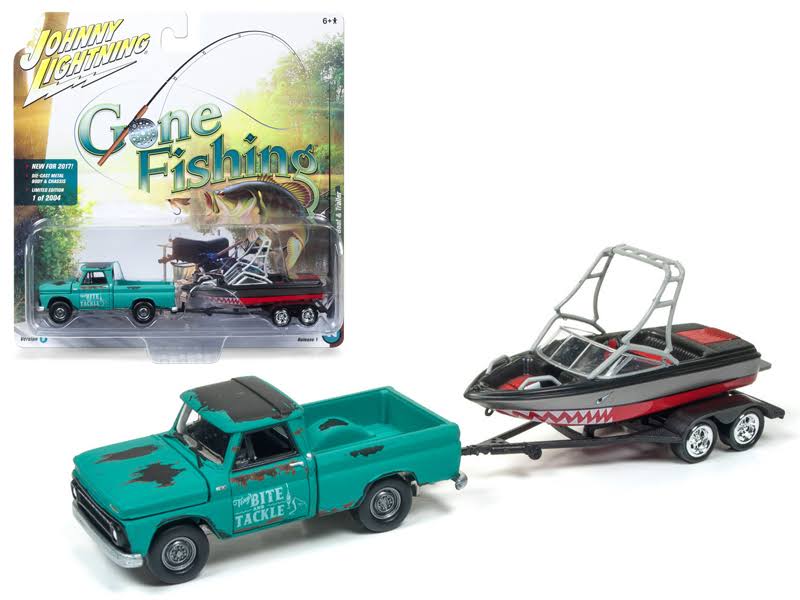 1965 Chevrolet Truck Green with Boat and Trailer 'Gone Fishing' 1/64 Diecast Model Car by Johnny Lightning