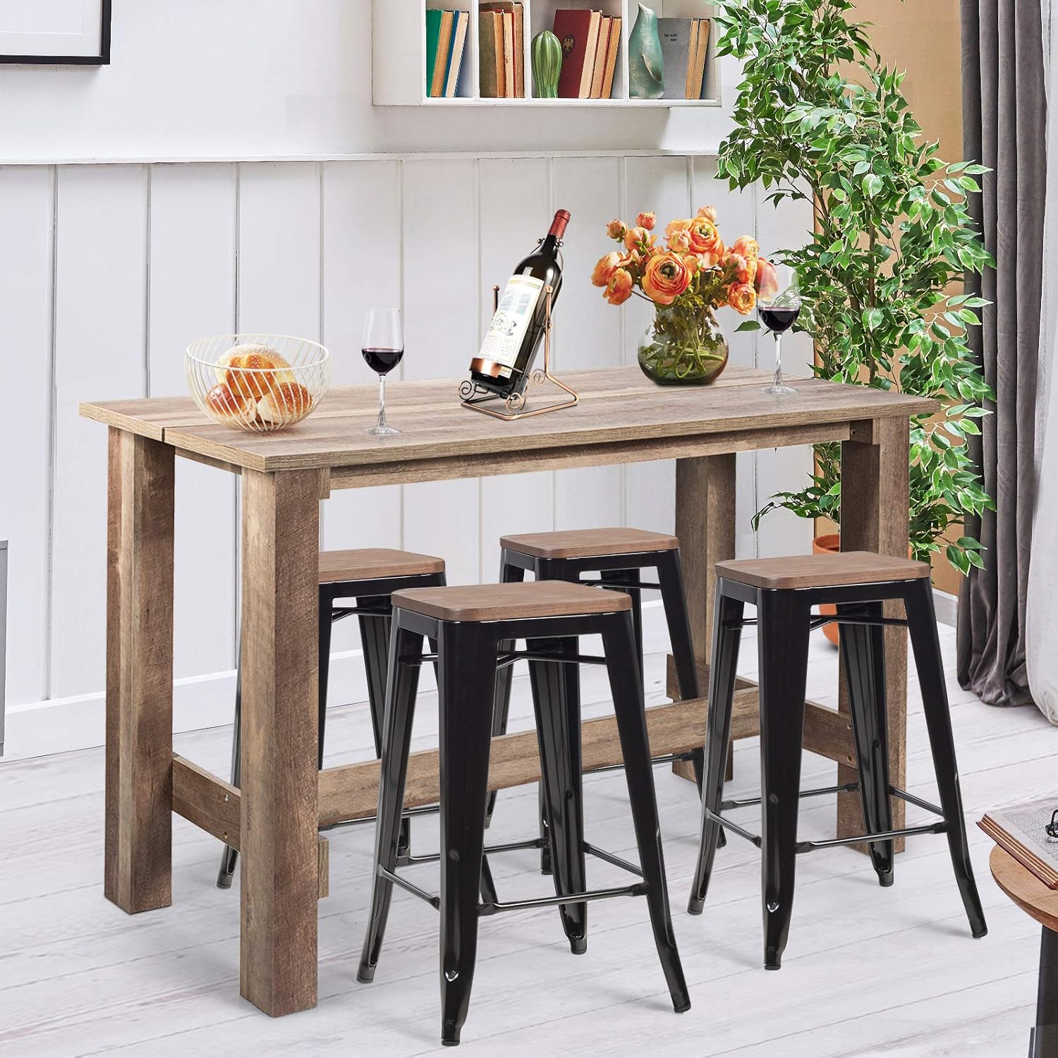 COSTWAY 5 Pcs Dining Table Set, Industrial Counter Height Dining Set with Wooden Table and 4 Metal Backless Barstools, Modern Kitchen Table and Chairs Set for Patio Bistro Restaurant Cafe