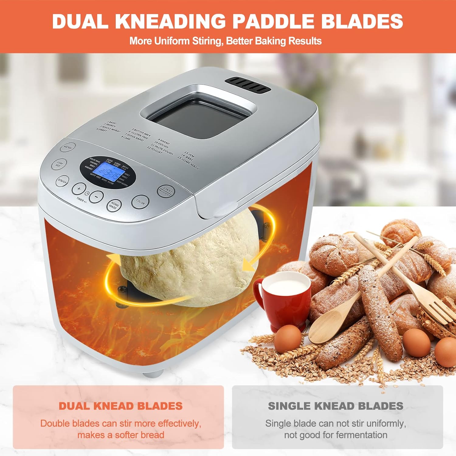 3.5LB Bread Maker Machine 15-in-1 Automatic Bread Machine with Dual Kneading Paddles Breadmaker with Touch Panel&LCD Display,Gluten Free Setting,3 Loaf Sizes 3 Crust Colors,White
