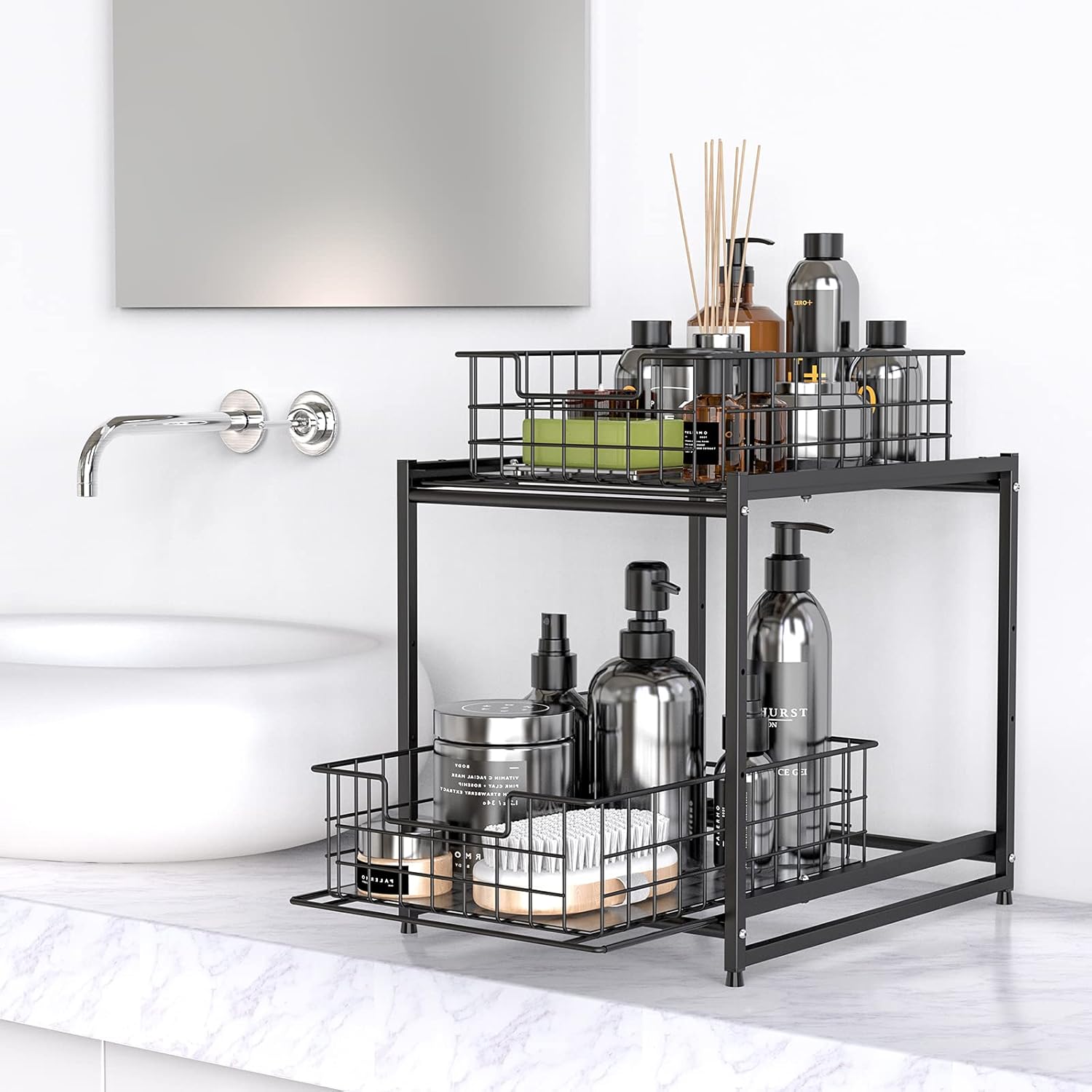 FavoThings Stackable 2-Tier Kitchen Cabinet Organizer Under Sink Organizer Rack with Sliding Storage Basket Drawers, Black