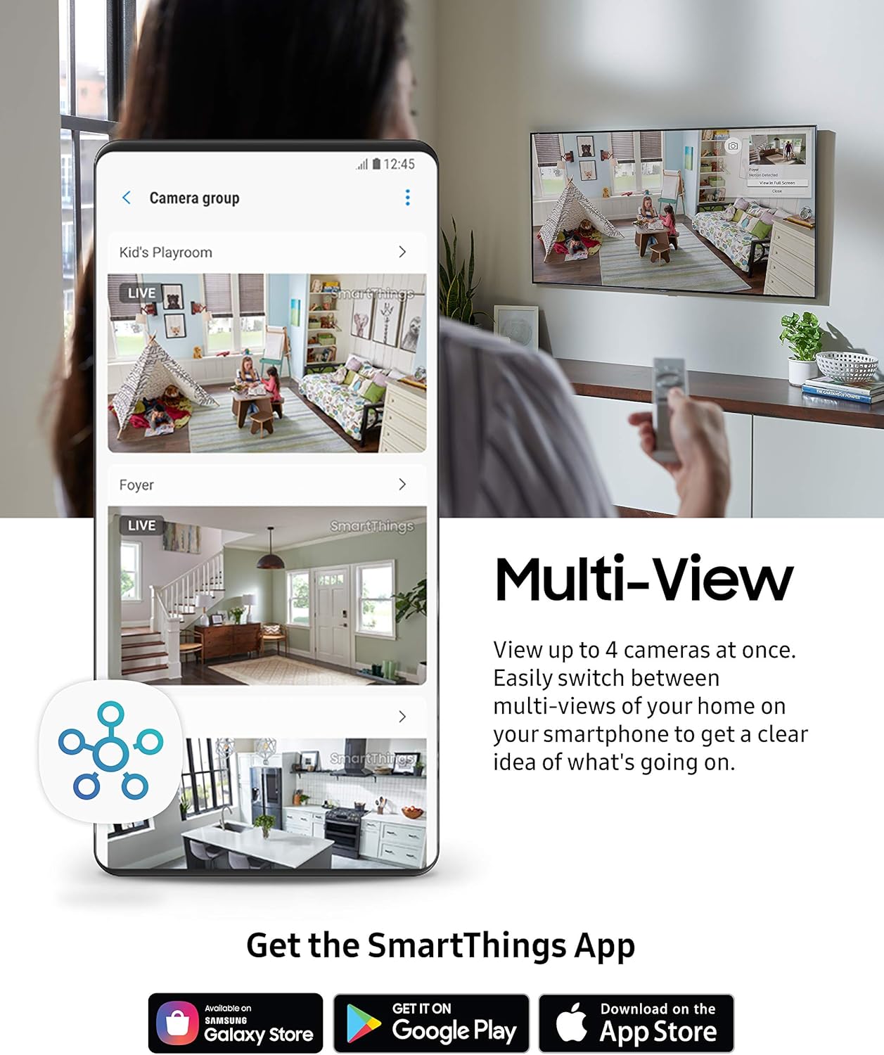 Samsung SmartThings Indoor Security Camera (GP-U999COVLBDA), 1080P HD Video with HDR, Night Vision, Advanced Motion Detection, and Two-Way Audio – Black/White