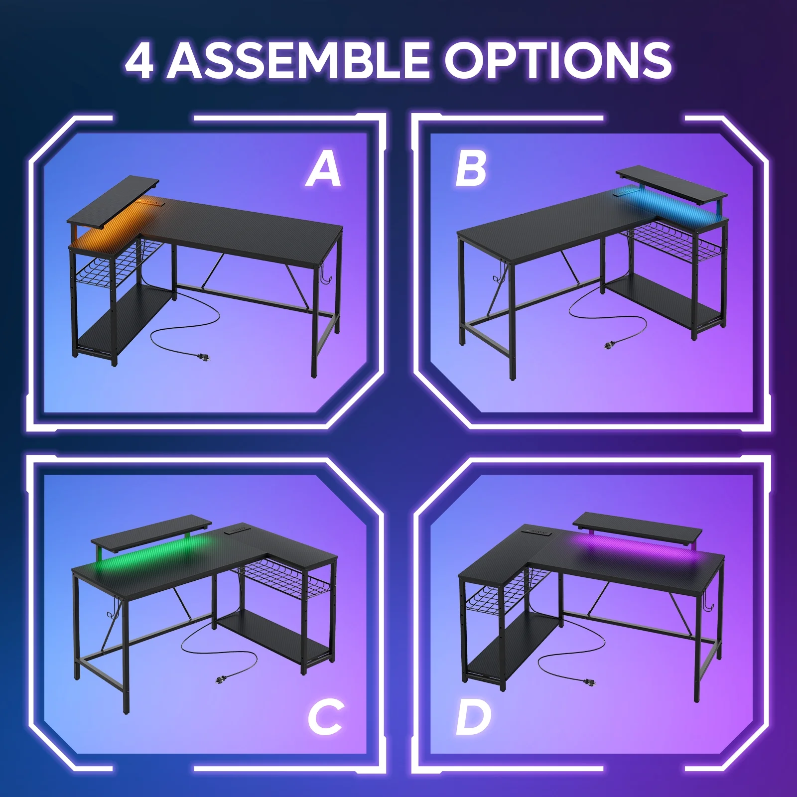 Bestier 52" Gaming Desk with LED Lights L Shaped Desk with Power Outlet & Monitor Stand Corner Computer Desk in Carbon Fiber