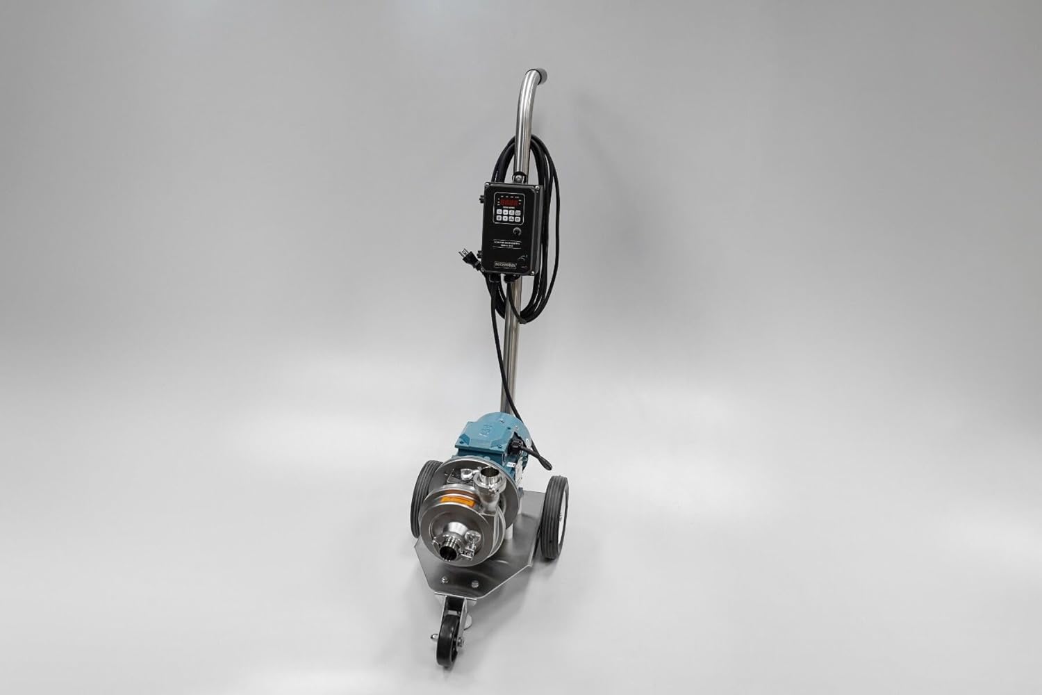 Portable Sanitary Centrifugal Power Water Pump and Cart, For Brewery Transfer,1 HP 40 GPM 66 Foot Head, Ultra-Quiet ABB Motor, Stabilizing Feet, Digital AC Motor Speed Control NEMA 4X/IP 65