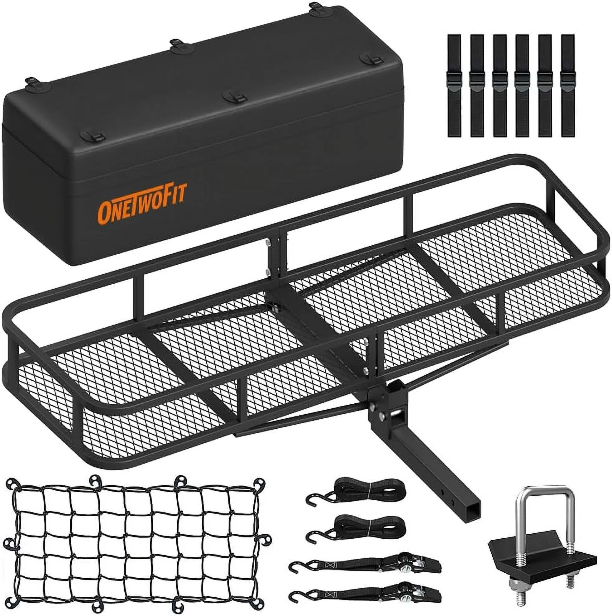 YANPO Hitch Mount Cargo Carrier, 60x20x6 Folding Hitch Rack, 500 Lbs Steel Trailer Hitch Cargo Carrier, Tow Hitch Cargo Basket with Waterproof Bag, Hitch Stabilizer, Ratchet Straps, Net - Curated Treasures Market