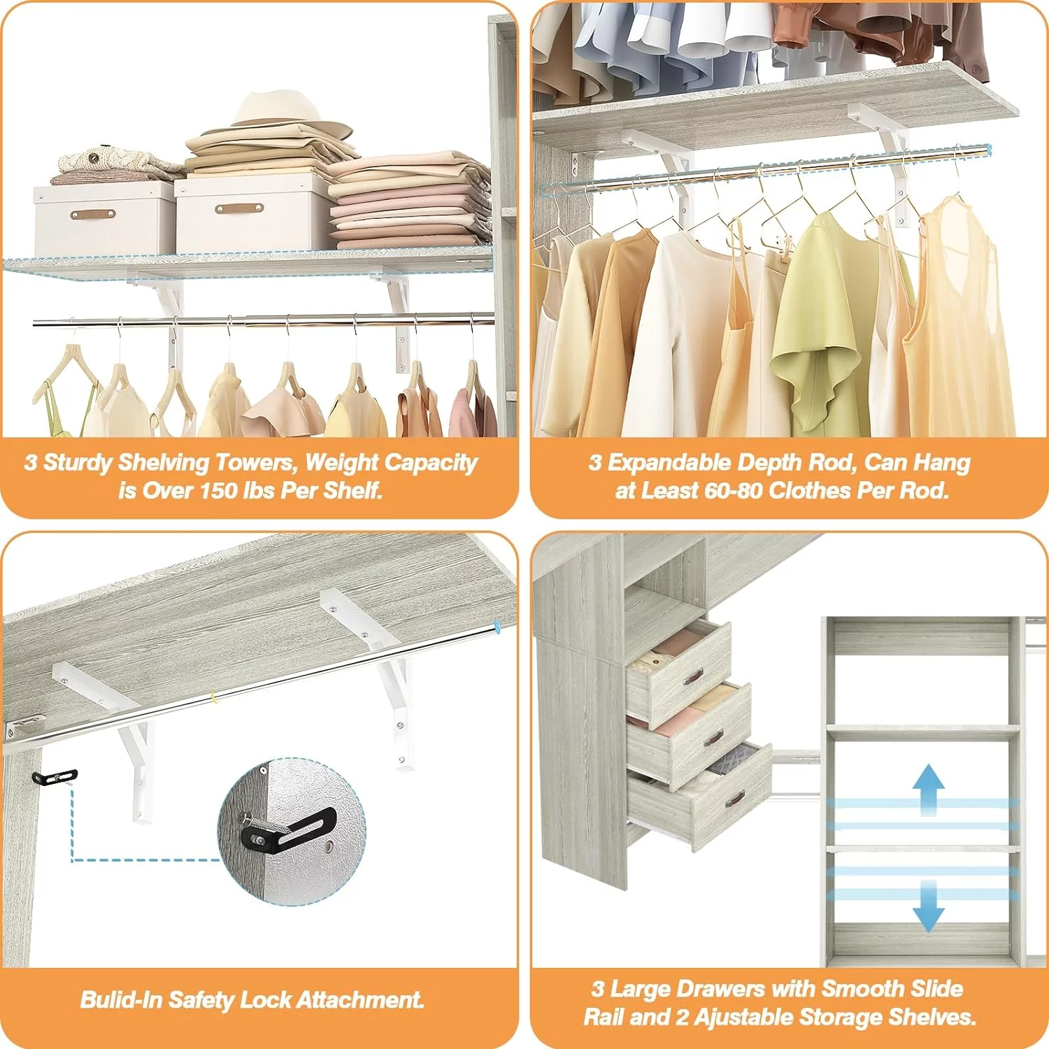 Homieasy 96 Inches Closet System, 8FT Walk In Closet Organizer with 3 Shelving Tower, Heavy Duty Clothes Rack with 3 Drawers, Built-In Garment Rack, 96" L x 16" W x 75" H, Max Load 1000 LBS, White Oak - Curated Treasures Market