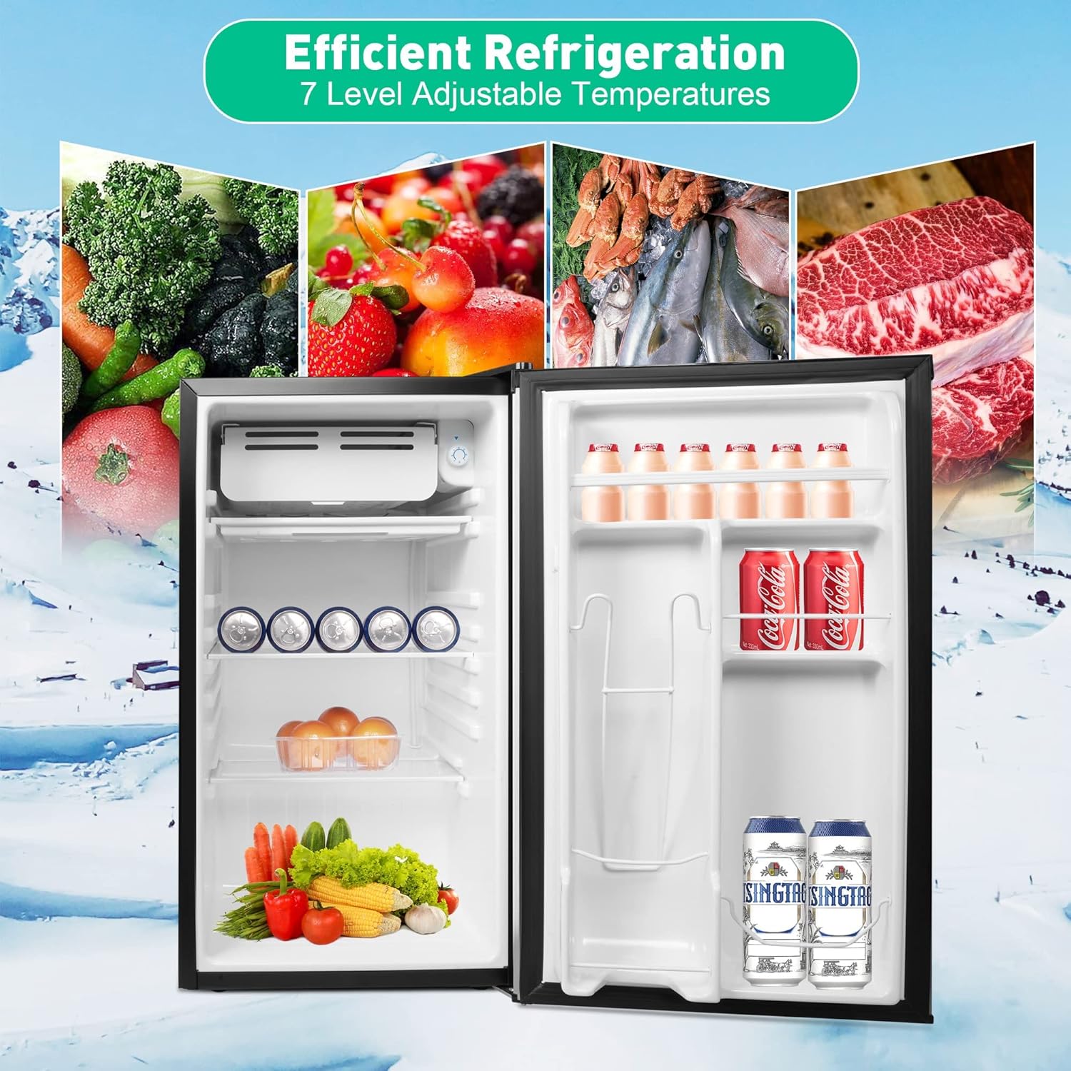3.2 Cu.Ft. Mini Fridge with Freezer, Compact Refrigerator with Reversible Door, Adjustable Legs, Adjustable Thermostat Control, Small Fridge Perfect for Home/Dorm/Office/Apartment
