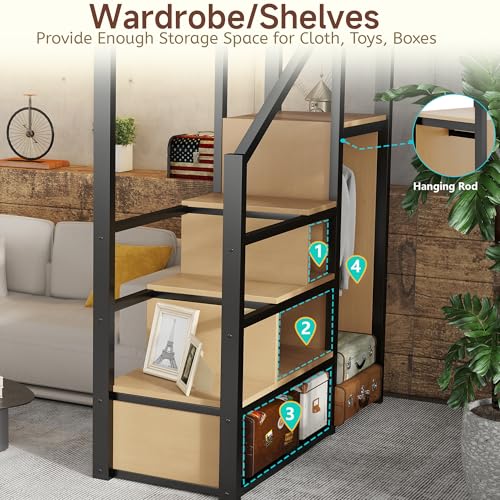 Full Size Loft Bed with Stairs and Storage, Metal Loft Bed Frame with Bedside Shelf and Large Under-Bed Space, Heavy-Duty Bed for Adults Teens and Kids, Black