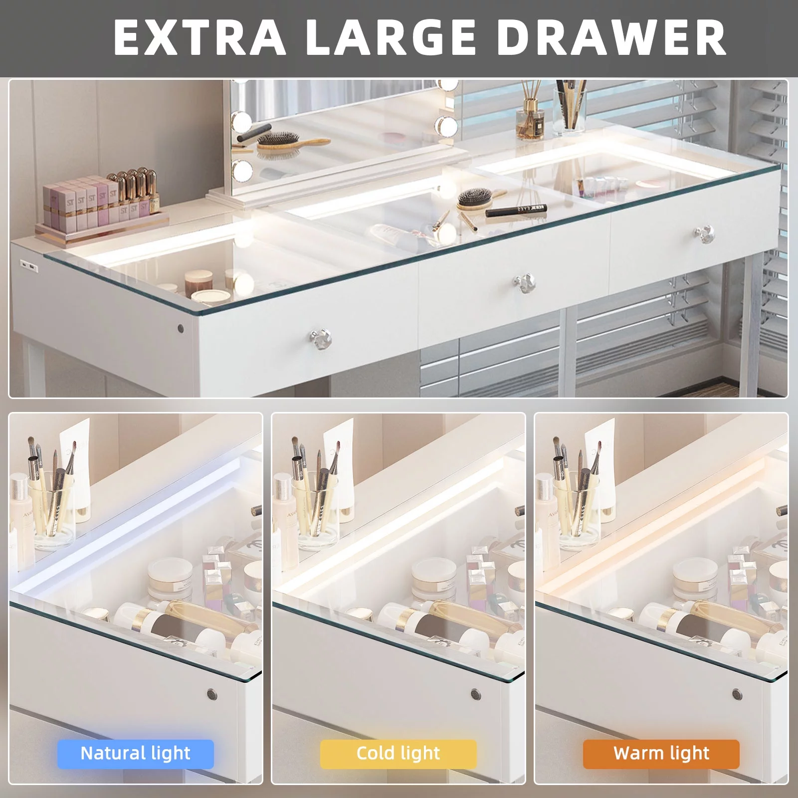 VANITII 3-Drawer Modern Makeup Vanity Table LED Light Charging Port Stainless Glass Vanity Desk
