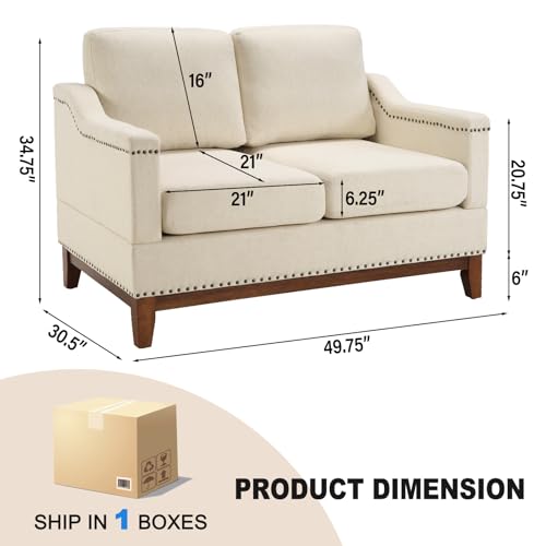 Classic 3-Seater Upholstered Sofa with Nailhead Trim, High-Density Foam Cushions & Sturdy Solid Wood Legs, Soft Fabric Couch for Living Room, Beige