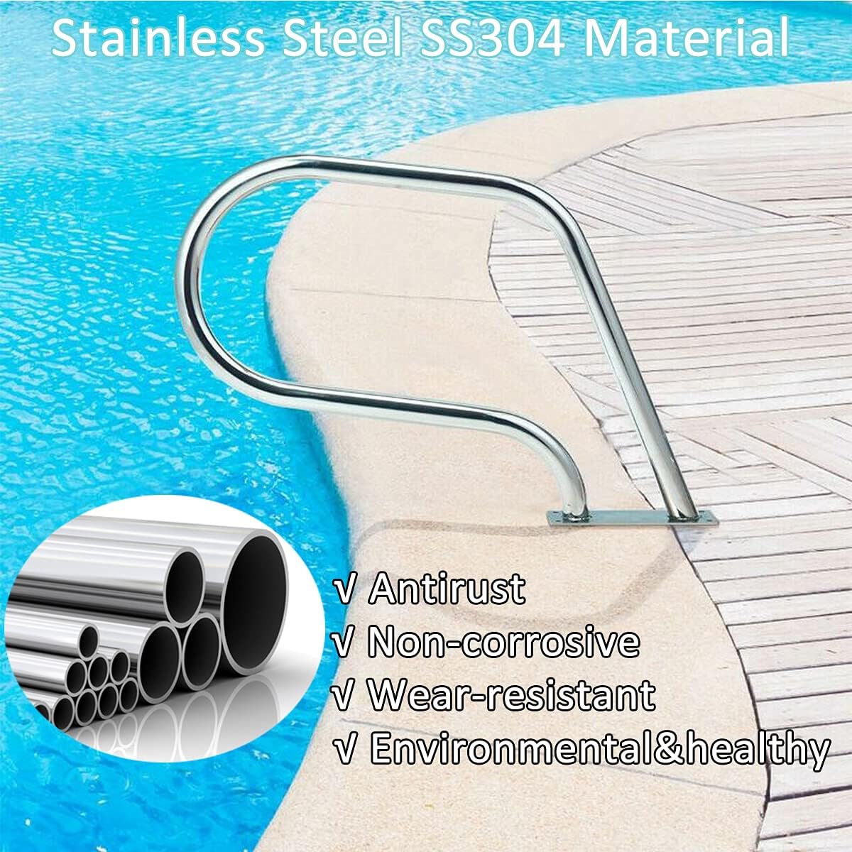 Swimming Pool Hand Rail for Inground Swimming Pools Easy Mount Hand Grab Rail, Stainless Steel Swimming Pool Stair Rail w/Base Plate 30.5×22.5 Swimming Pool Rails