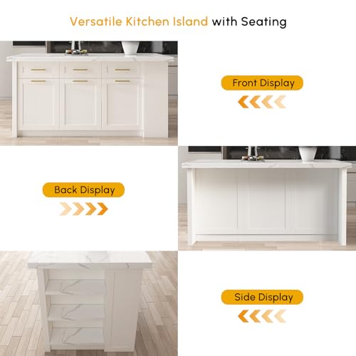 homary 72'' Kitchen Islands with Storage Modern White Kitchen Table with Seating & 3 Drawers Dining Table
