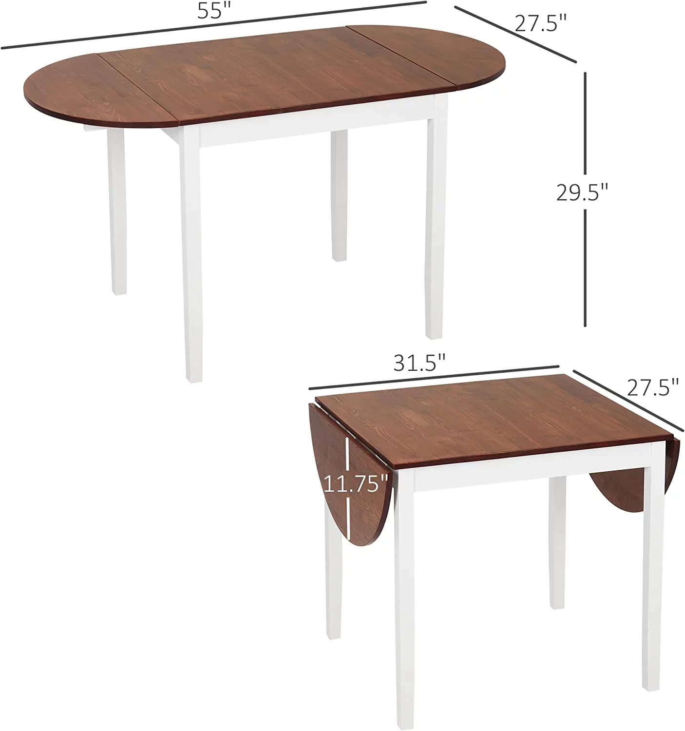 55" Solid Wood Kitchen Table, Drop Leaf Tables for Small Spaces, Folding Dining Table, Brown