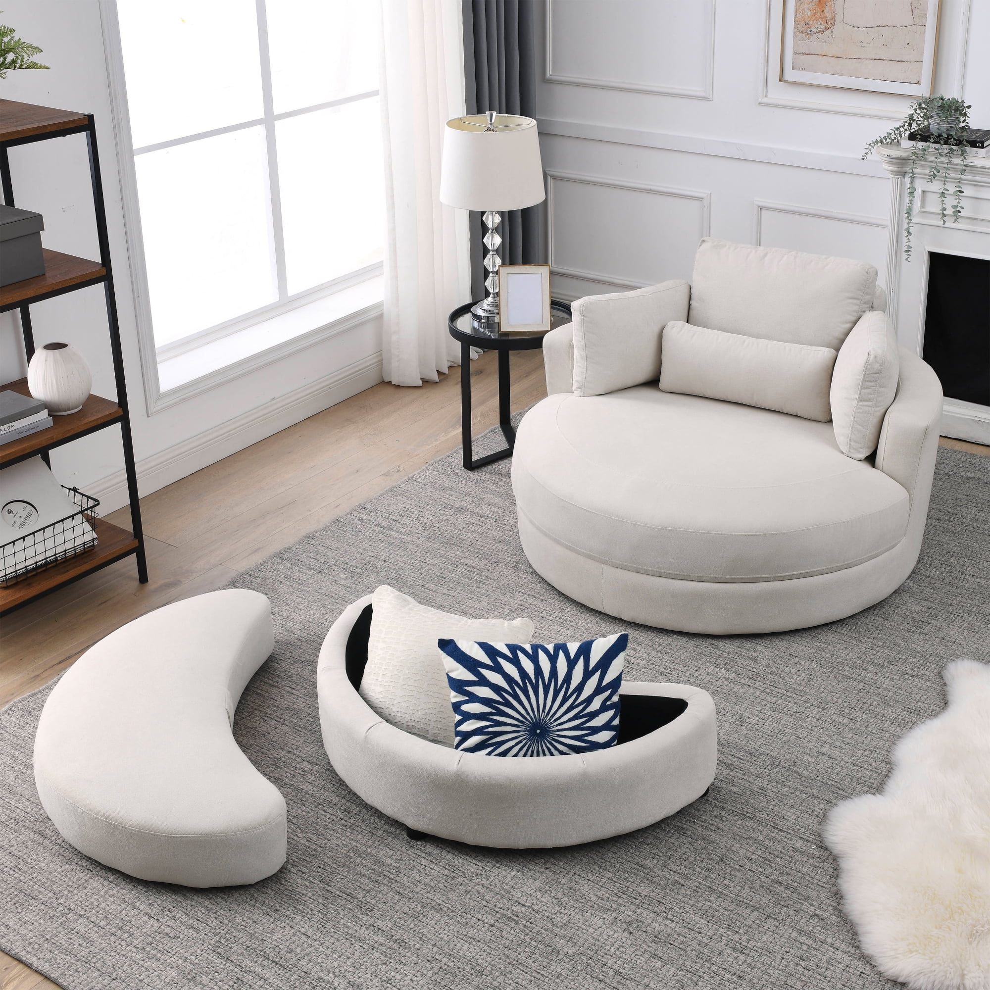 [Video] Welike Swivel Accent Barrel Modern Sofa Lounge Club Big Round Chair with Storage Ottoman Linen Fabric for Living Room Hotel with Pillows . *2PCS