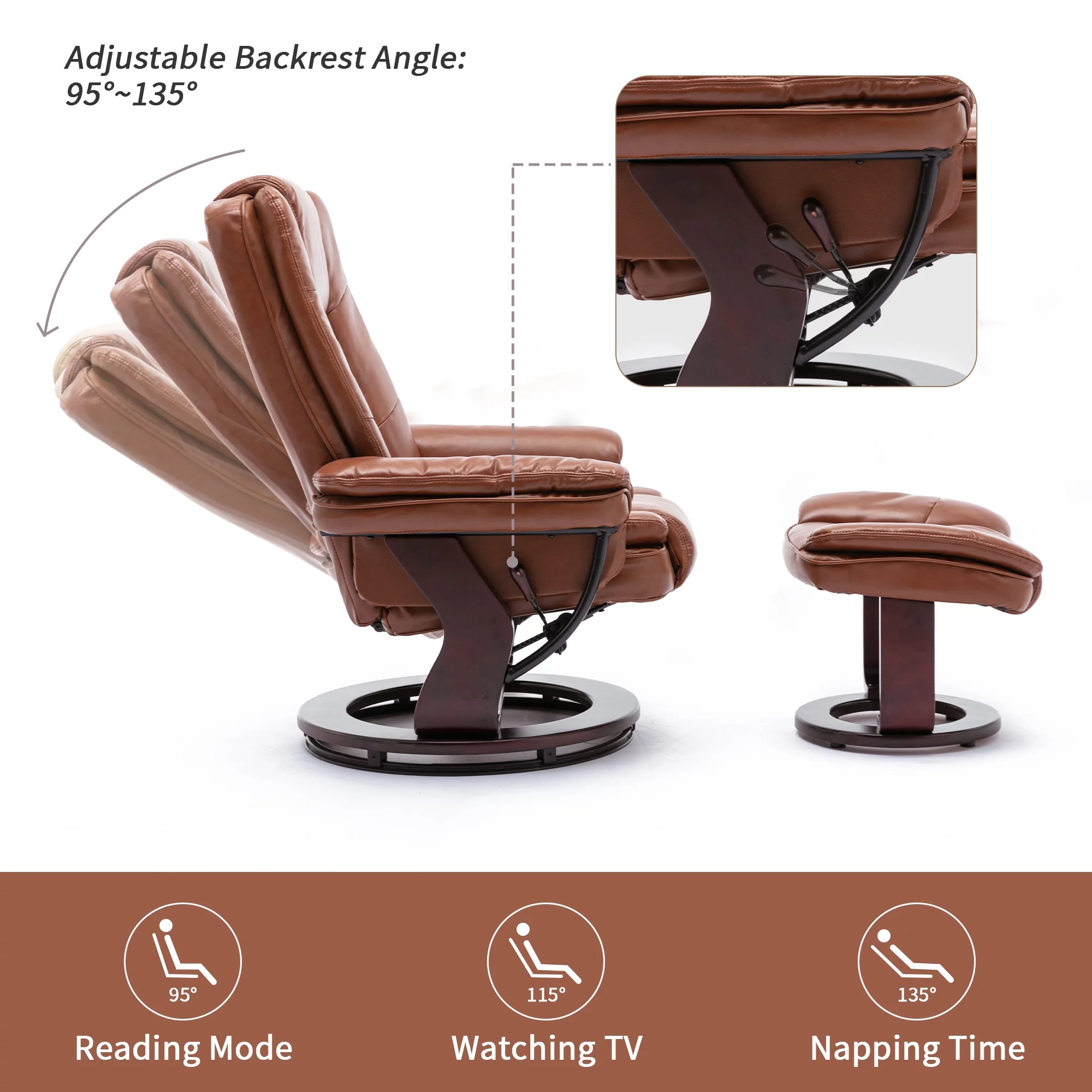 32'' Wide Manual Swivel Standard Recliner with Ottoman,Faux Leather,Brown