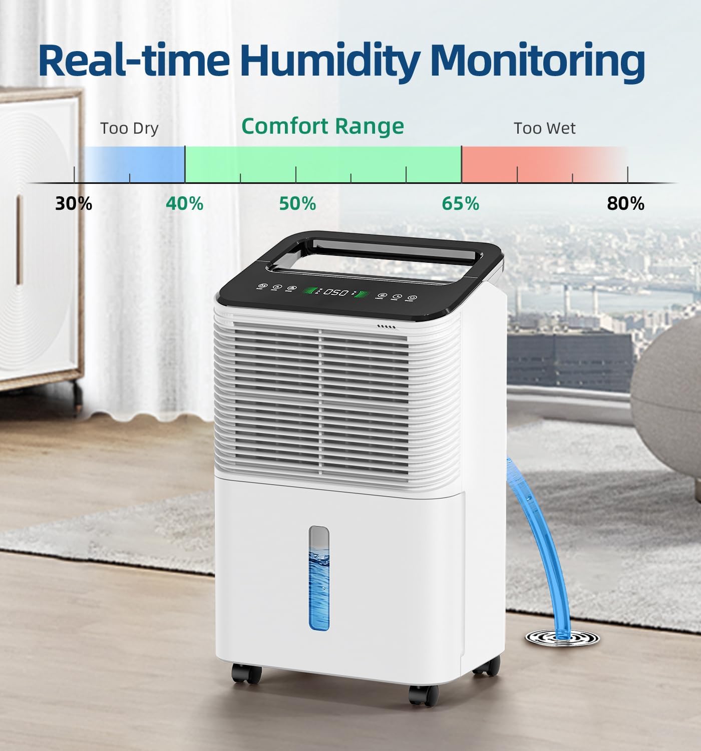 TABYIK 30 Pint Dehumidifier for Basement, with Drain Hose for Large Bedroom Bathroom, with Auto Humidity Control, 24H Timer