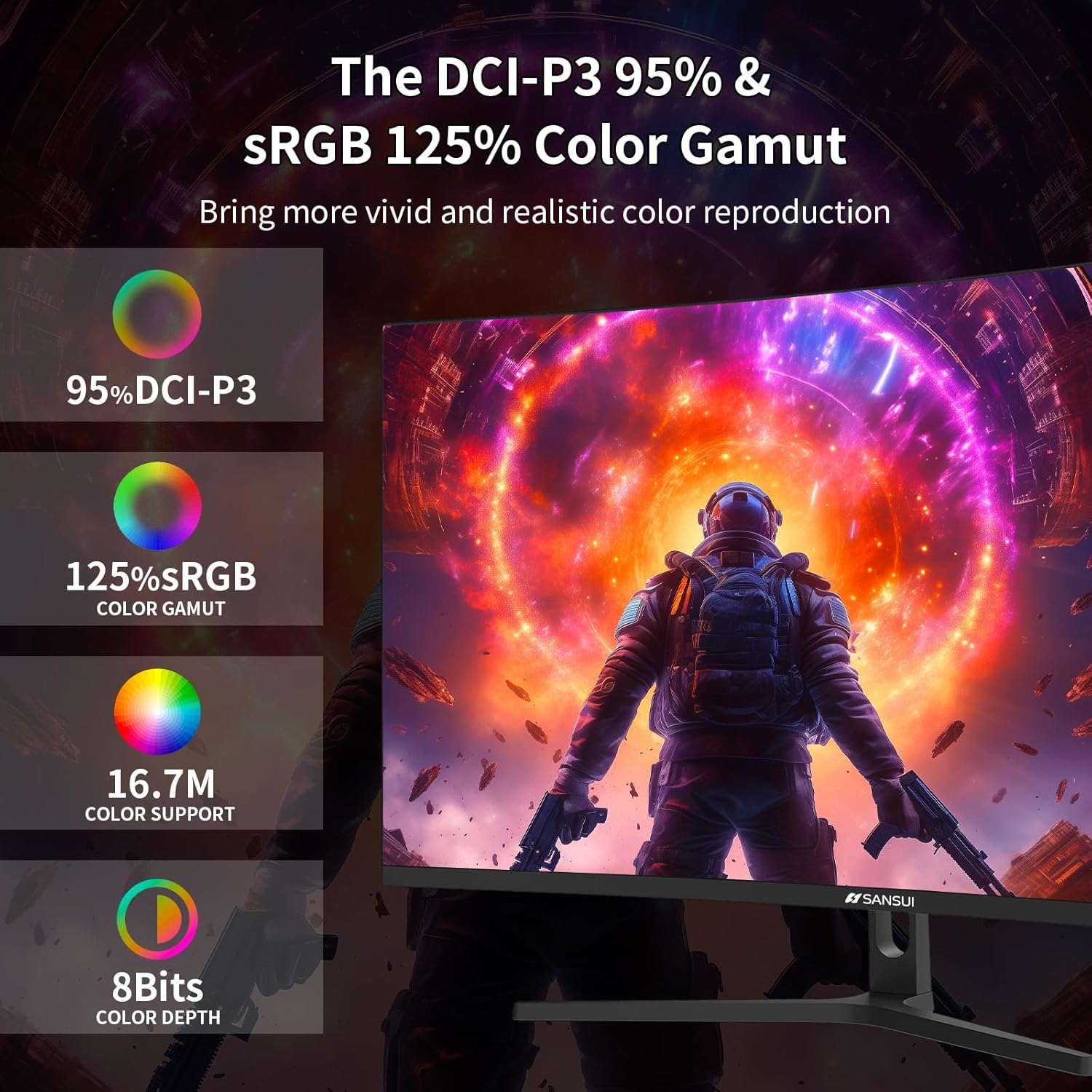 SANSUI 32-Inch WQHD 165Hz Curved 1500R Wide Gaming Monitor-2560 x 1440, 1ms(OD), HDR, 300nits, sRGB 125%, DCI-P3 95%, Adaptive Sync, HDMI2.1(TMDS) x2, DP1.2x2(ES-G32C3 DP Cable Included)