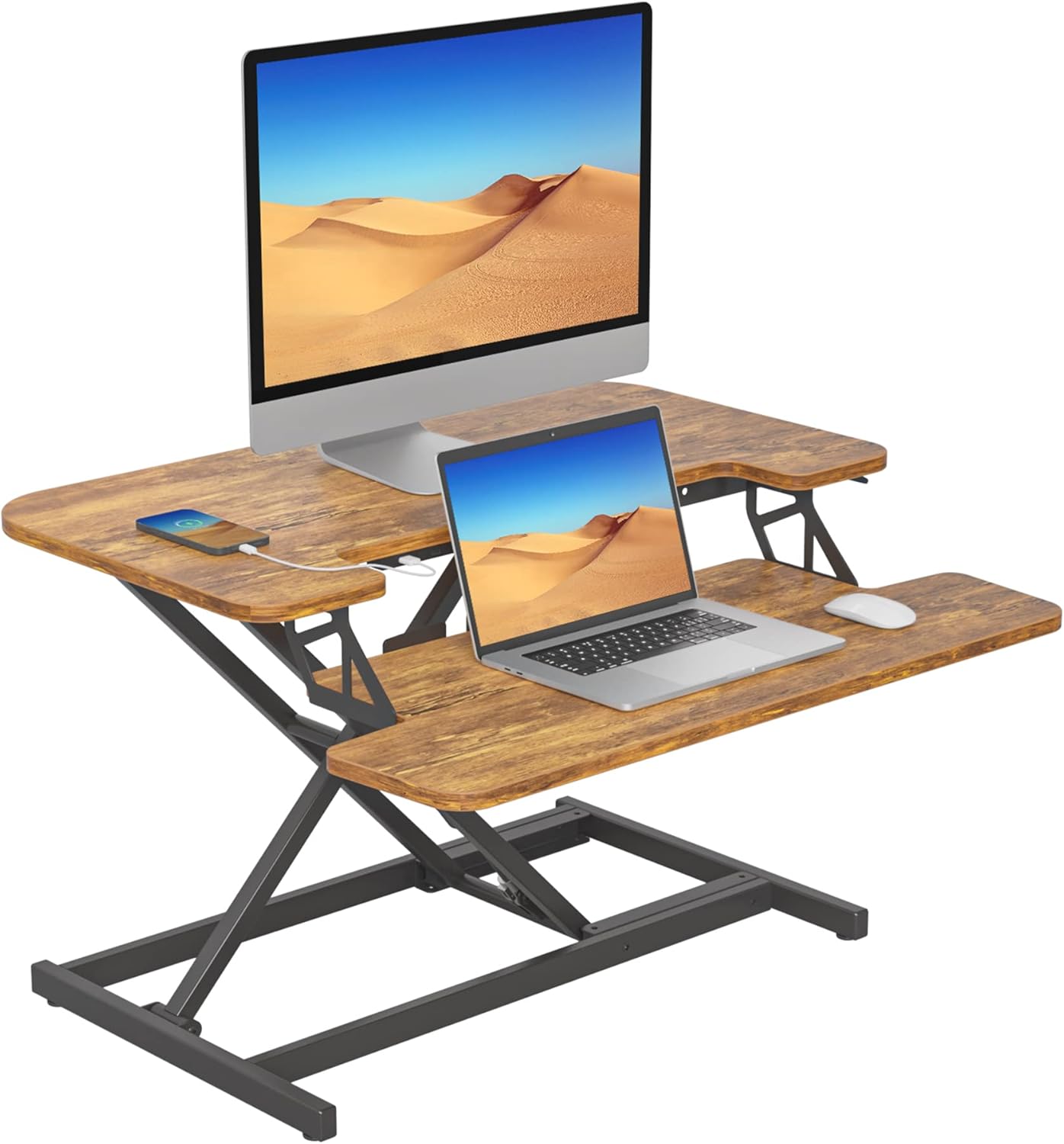 FEZIBO 28” Height Adjustable Standing Desk Converter with USB Charging Port, Quick Sit to Stand Tabletop Dual Monitor, Stand Up Desk Riser for Home Office, Rustic Brown