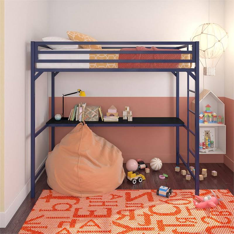 DHP Mabel Twin Metal Loft Bed with Desk in Blue - DE23982