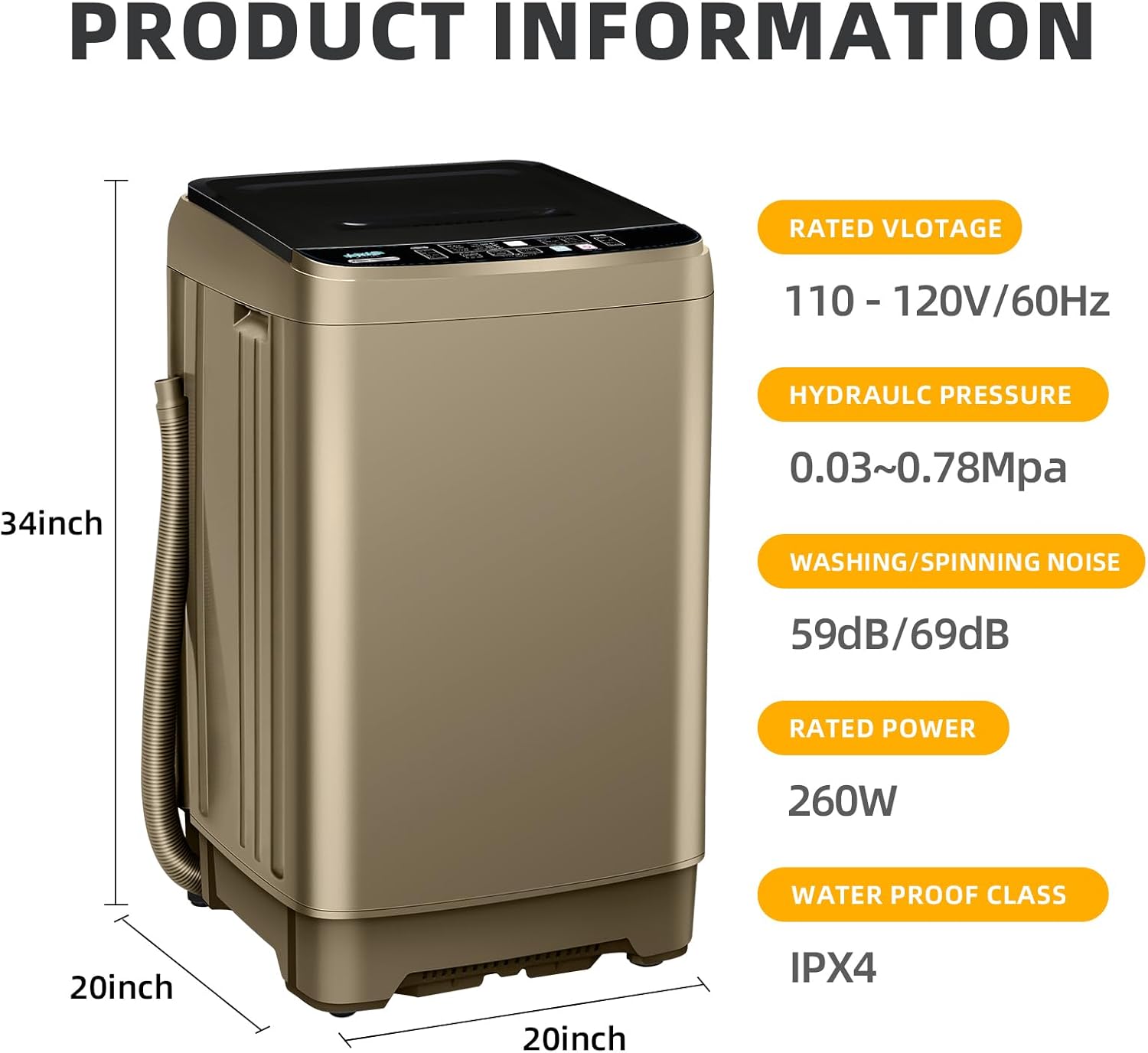 2.3 Cu.ft Full Automatic Washing Machine, 15.6lbs Small Portable Washer, with LED Display, Drain Pump/10 Programs 8 Water Level Selections, Transparent Lid & LED Display