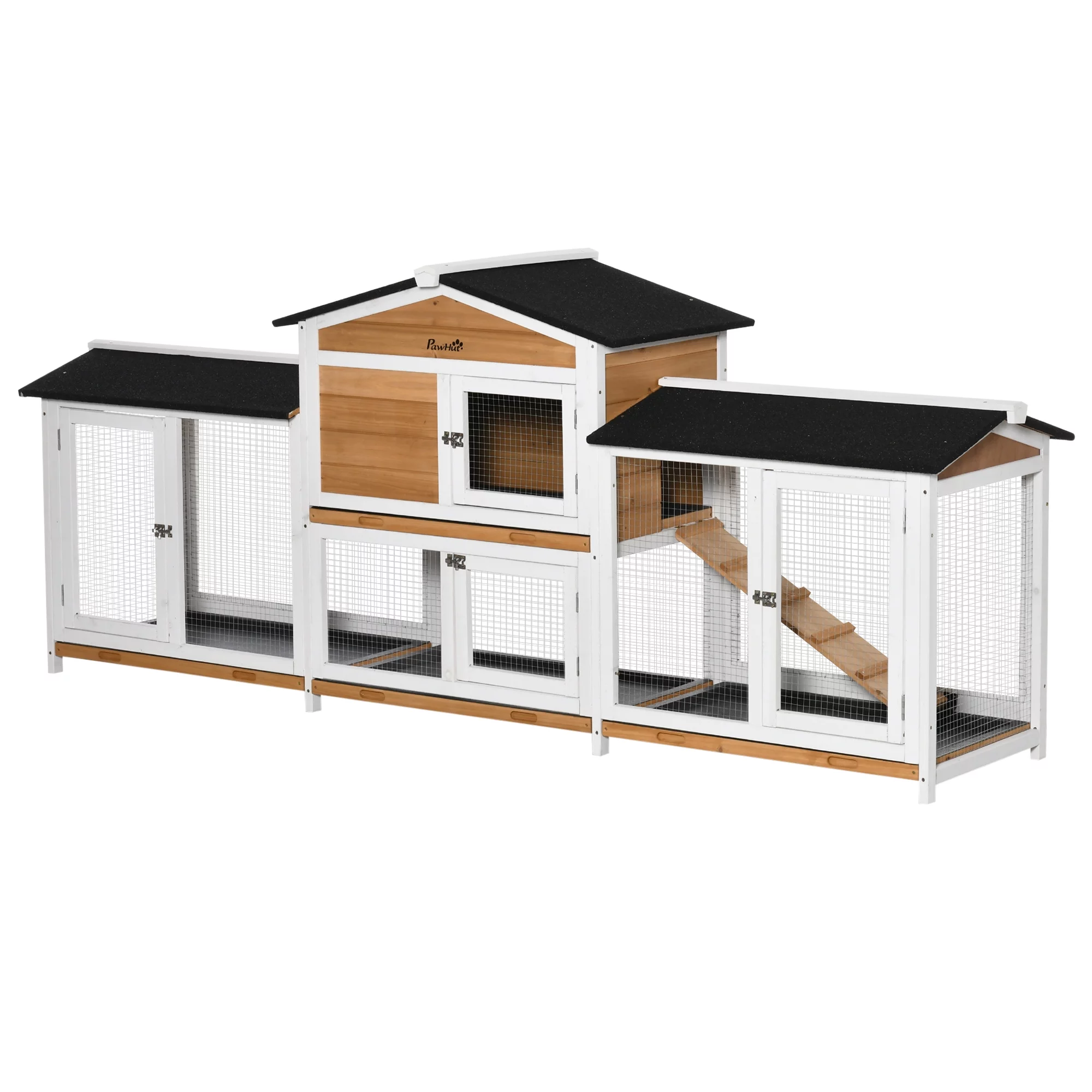 PawHut 90.5" Wooden Rabbit Hutch Bunny Cage Pet Playpen House Enclosure with Double Side Run Boxes, No Leak Tray, Ramp, for Guinea Pig and Small Animals, White - Curated Treasures Market