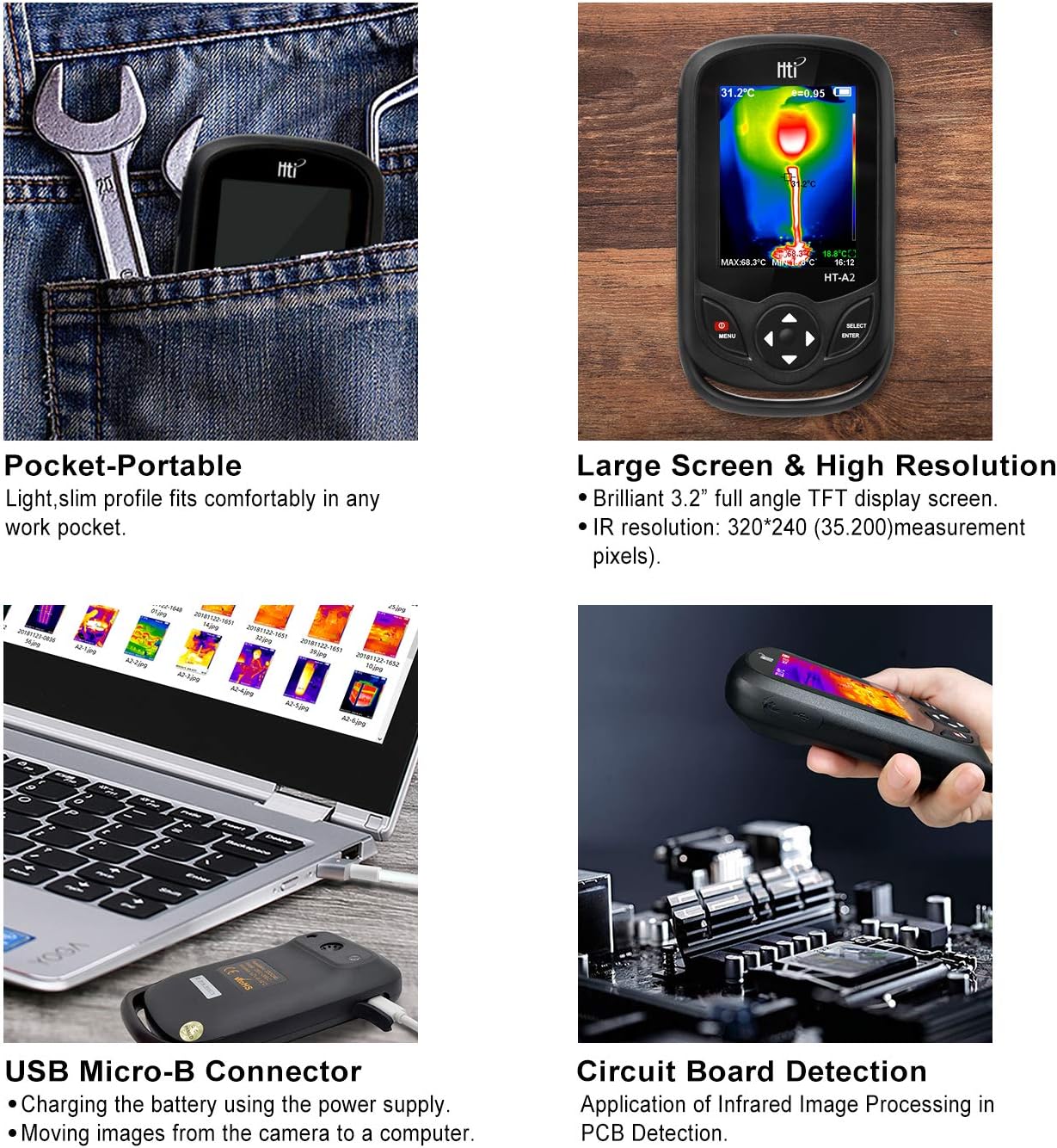 320 x 240 IR Resolution Thermal Camera, Pocket-Sized Infrared Camera with 76800 Pixels Real-Time Thermal Image, Temperature Measurement Range -4&deg;F to 572&deg;F, Mini IR Thermal Imager, Hti-Xintai