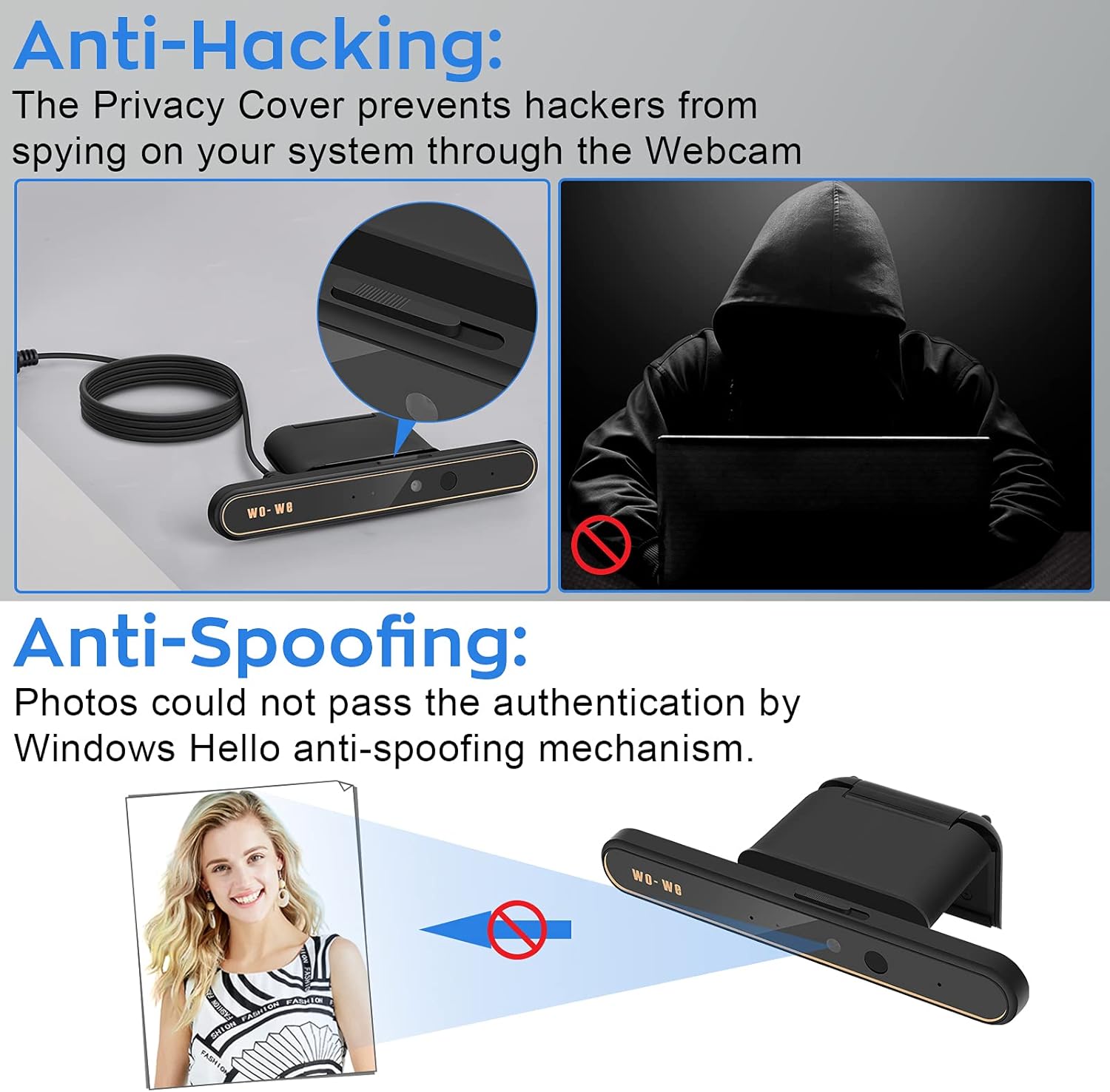 wo-we Windows Hello Face Recognition Webcam for Instant Login with Windows 10, Anti-Hacking with Privacy Switch, 1080P Business IR Webcam with Dual Microphones Used for Online Conference Pack of 2