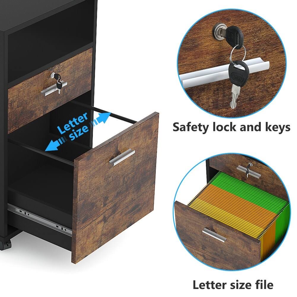 2 Drawer Mobile File Cabinet with Lock, Filing Cabinet Printer Stand for Letter Size - Black