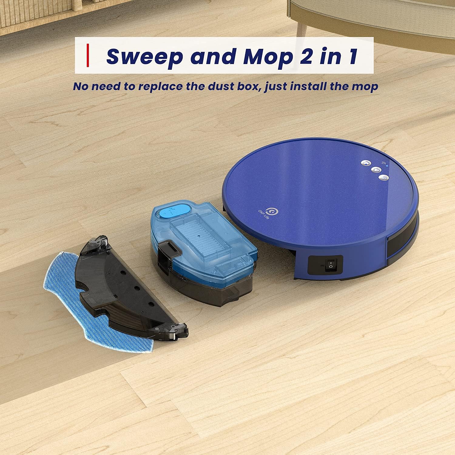 OKP Robot Vacuum Cleaner, 2000Pa Super Suction, Two-Layer Dust Box Design, Self Charging, Quiet Cleaning for Pet Hair, Blue
