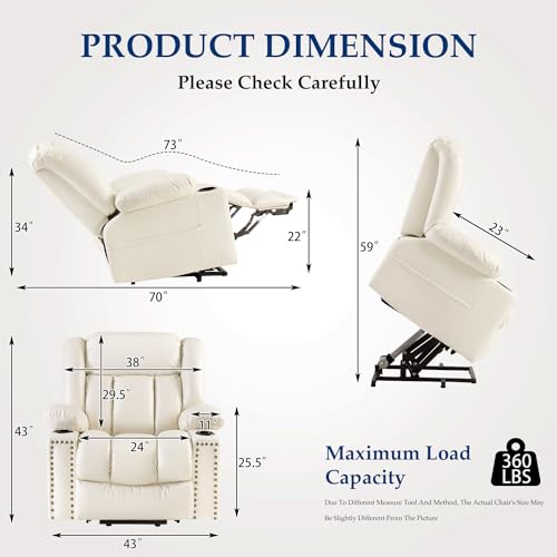 Large Power Lift Chairs Recliners for Elderly with Heated and Massage, Overstuffed Adjustable Lift Chairs, 3 Positions, Breathable Leather, USB-A and USB-C, Cup Holder, Side Pocket Dark Brown