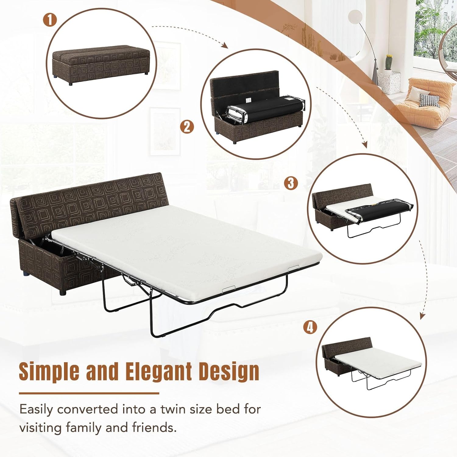 Folding Ottoman Bed Full Size with Mattress, Pull Out Linen Sleeper Sofa Bed Convertible Guest Bed, Murphy Bed for Living Room Apartment Bedroom, Space Saving, Brown