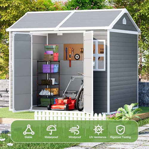 8x6x7 FT Resin Storage Shed, Waterproof Outdoor Storage Shed w/Floor, 2 Windows, Double Lockable Doors & Vents, Tool Shed for Patio Garden, Lawn, Backyard, Dove Grey