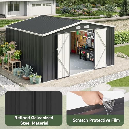 Aoxun 10 x 12FT Outdoor Storage Shed with Double Hinged Large Door Utility Garden Shed with Lockable Door & Sloped Roof Metal Sheds Outdoor Storage for Garden, Backyard, Patio and Backyard, Brown