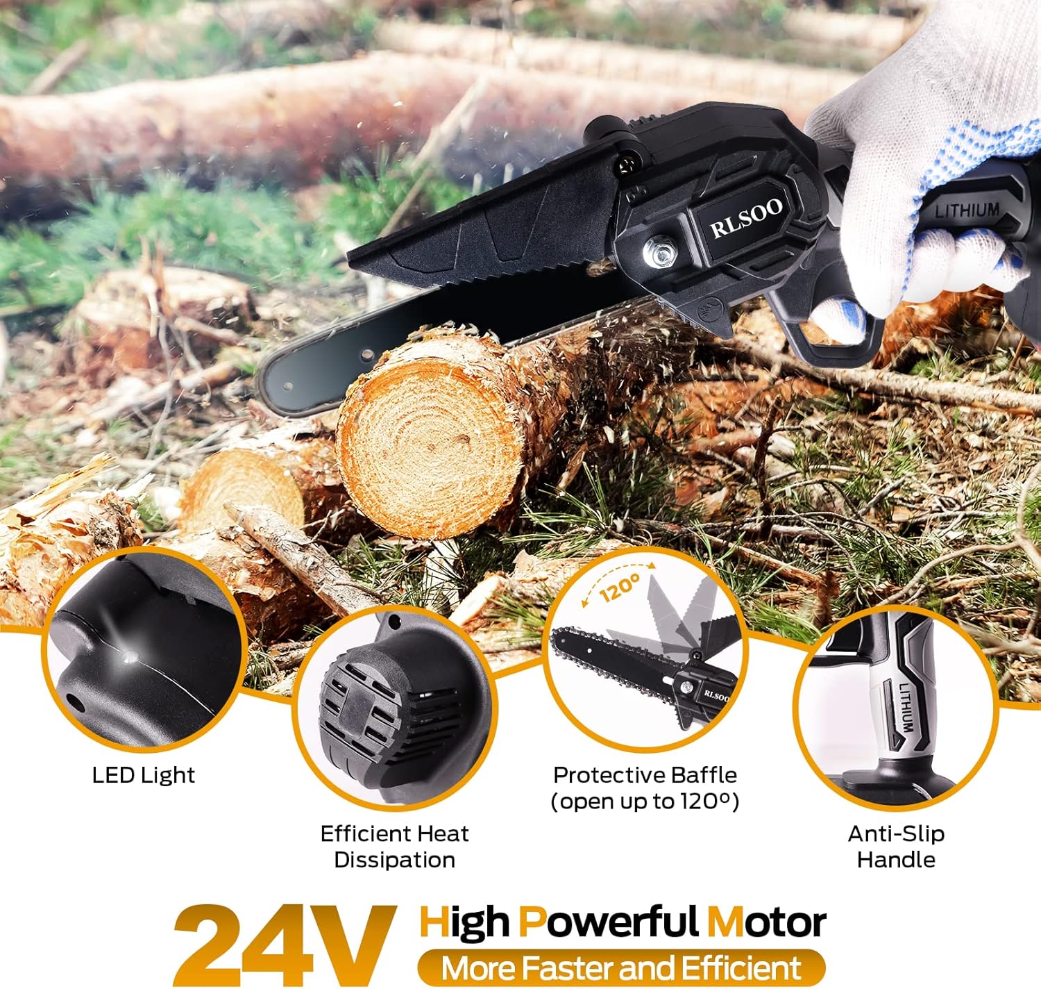 Mini Chainsaw, RLSOO Upgraded 6 Inch 24V Battery Powered Mini Chainsaw Cordless, Portable Electric Chainsaw with 2 Batteries and 2 Chains, Handheld Rechargeable Chainsaw for Wood Cutting Tree Pruning Pack of 2