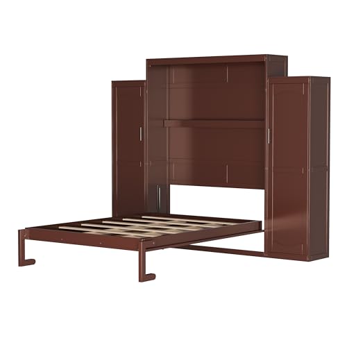 KLMM Wooden Murphy Bed Wall Bed with 2 Wardrobe and Storage Shelf,Foldable Platform Bedframe for Guest-Room Bedroom Study Office Use (White#E, Full)
