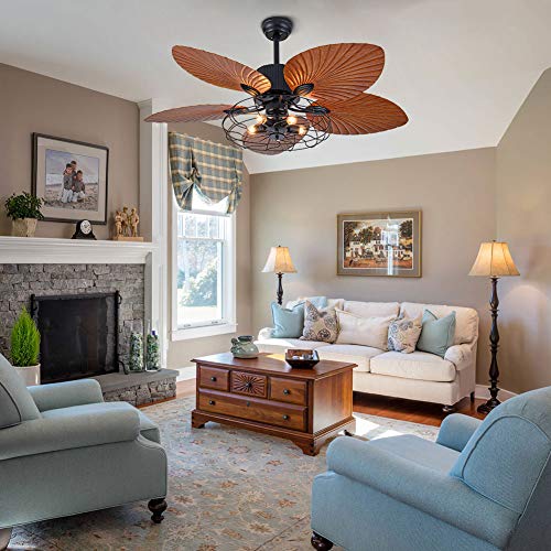 TOWOHIPPKI 52'' Tropical Ceiling Fans with 5 Palm Leaf Blades, 52 Inch Palm Leaf Fanlight with with Light and Remote, Hand-Carved Reversible Blades Chandelier Fan For Living Room Bedroom