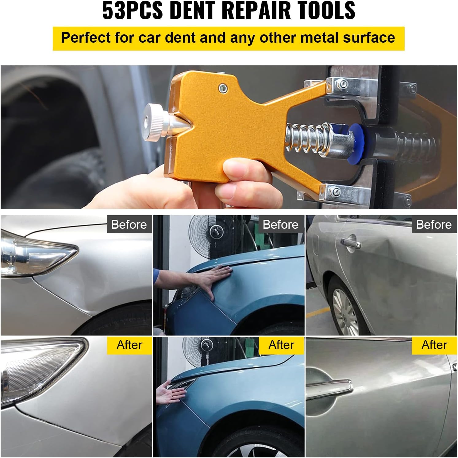 VEVOR Dent Puller Kit, 53 PCS Paintless Dent Repair Tool, Golden Lifter Puller Car Dent Repair Kit, Glue Puller Tabs Dent Puller Kit for Auto Dent Removal, Minor Dents, Door Dings and Hail Damage Pack of 2