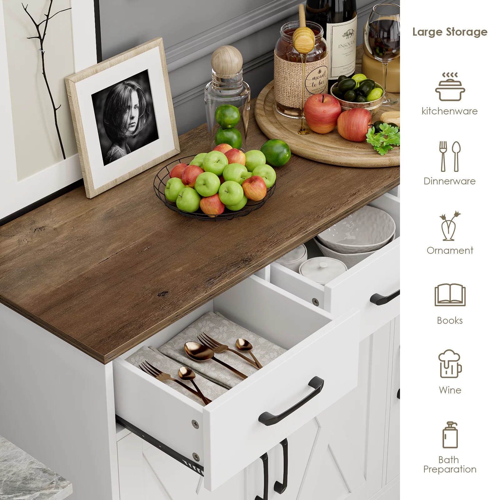 Homfa 42.5‘’ Kitchen Buffet Sideboard Cabinet, 3 Drawers Farmhouse Coffee Bar Storage Cabinet with Adjustable Shelf, White - Curated Treasures Market