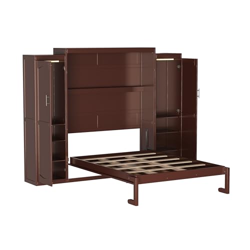KLMM Wooden Murphy Bed Wall Bed with 2 Wardrobe and Storage Shelf,Foldable Platform Bedframe for Guest-Room Bedroom Study Office Use (White#E, Full)